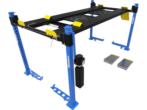D4-9X Package 9,000-lbs. Capacity Four-Post Lift / High Rise, Extended Length / Includes Caster Kit, Drip Trays, and Aluminum Ramps